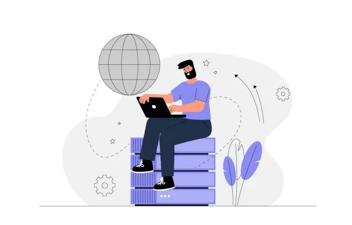 Man Working on His Laptop with Internet Connected Flat Design Illustration